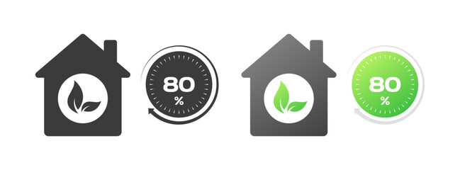 House with a leaf inside. Flat, 80% scale, house with leaf icons. Vector icons