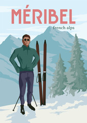 meribel ski resort vintage poster design, the skiers with mountain view poster illustration design - obrazy, fototapety, plakaty