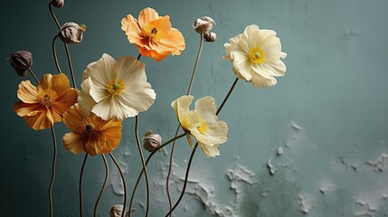 Warm muted tones of flowers against concrete wal