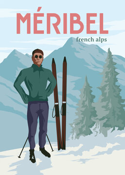 meribel ski resort vintage poster design, the skiers with mountain view poster illustration design