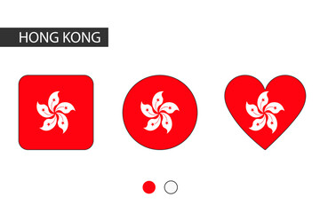 Hong Kong 3 shapes (square, circle, heart) with city flag. Isolated on white background.