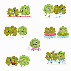 Obraz premium Vector set of funny fresh vegetarian characters buttery half head lettuce, analotta, buttery salad isolated on white background. Healthy food. Vegetarianism. The characters go in for sports and play m