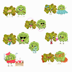 Obraz premium Vector set of funny fresh vegetarian characters buttery half head lettuce, analotta, buttery salad isolated on white background. Healthy food. Vegetarianism. The characters go in for sports and play m
