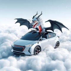 Сar rides through the clouds with a Chinese dragon