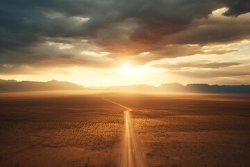 AI generated illustration of lightning on an empty road in a canyon on a cloudy day