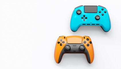 Realistic colorful video game joysticks or gamepads with color buttons on white