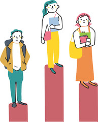 棒グラフの上に立つ若い人々　学生　イラスト素材
