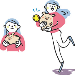 豚の貯金箱を持っている女性　セット　イラスト素材
