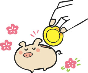豚の貯金箱にお金を入れる　イラスト素材
