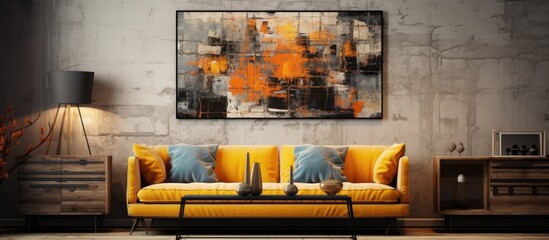 In a dimly lit room, an intriguing abstract artwork adorned the vintage wall, its textured design captivating passersby. The retro poster, combining elements of grunge and old-world charm, created a