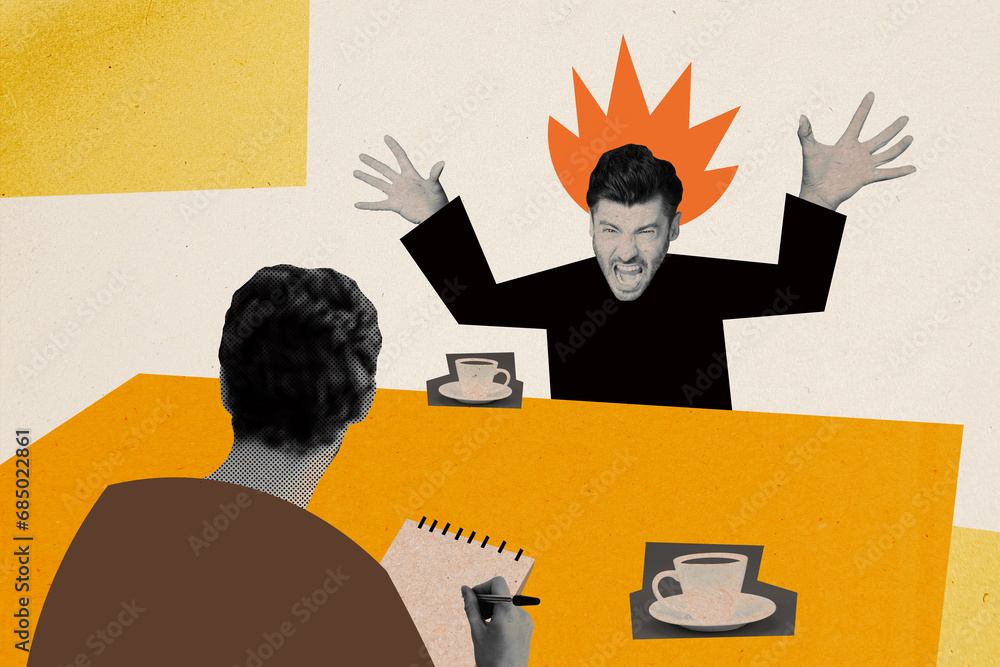 Aufkleber creative abstract template collage image of angry guy telling psychologist his problems isolated col