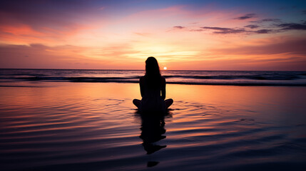 a person sits in the lotus position on the seashore at dawn. the concept of meditation, harmony and inner peace. unity with nature