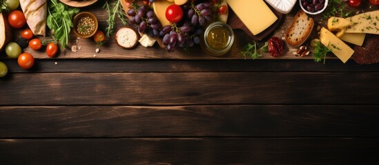 From a top view, a wooden table was filled with appetizing food: grilled bread and cheese, accompanied by a variety of vegetables and olives, creating a delightful snack for a health-conscious diet.