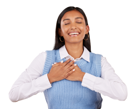 Smile, hope and relax with a happy indian woman isolated on a transparent background for love or satisfaction. Heart, peace and hands on chest with a calm person on PNG for mindfulness or awareness