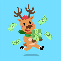 Vector cartoon happy christmas reindeer with money for design.