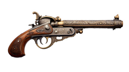 Naklejka premium Old pirate flintlock pistol, pirate gun weapon isolated on a transparent background, cutout PNG file