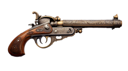 Old pirate flintlock pistol, pirate gun weapon isolated on a transparent background, cutout PNG file