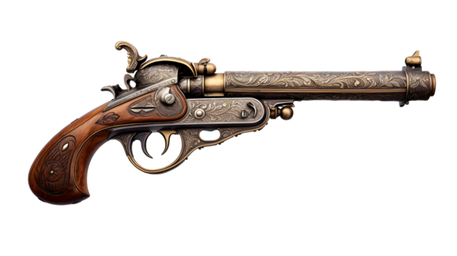 Old pirate flintlock pistol, pirate gun weapon isolated on a transparent background, cutout PNG file