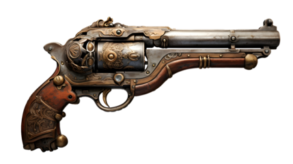 Old pirate flintlock pistol, pirate gun weapon isolated on a transparent background, cutout PNG file