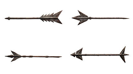 Set of four wrought iron arrows, pirate weapons isolated on transparent background, PNG file.