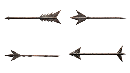 Set of four wrought iron arrows, pirate weapons isolated on transparent background, PNG file.