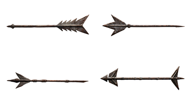 Set of four wrought iron arrows, pirate weapons isolated on transparent background, PNG file.