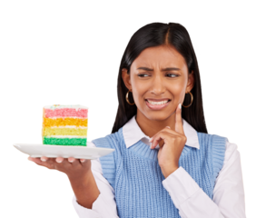 Woman, cake for birthday or upset for mistake option as dessert snack, celebration disgust or isolated on transparent png background. Indian person, frown or bad idea hand gesture, fail food at event