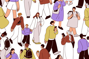 Crowd on city street, seamless pattern. Endless background, repeating print design with busy urban characters going. Many people, swarm. Printable flat graphic vector illustration for textile, fabric