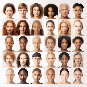 A series of people portraits of different skin color. Collage of men and women, black and white people. African and Caucasian. Race. Face expressions. Diversity. Globalization. Beauty of human