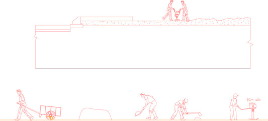 Vector sketch illustration design technical drawing detailed work method for carrying out land leveling work