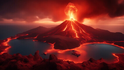 Volcanic eruption on a island with red hot lava flowing.	