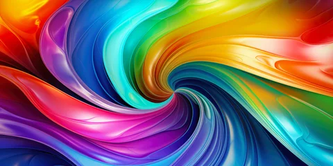 Foto op Canvas 3d abstract wallpaper. Liquid metal rainbow waves banner. Three dimensional rainbow colored swirls background © BHM