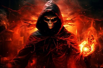 A Halloween horror digital art abstract, capturing the essence of a thief made of red fire.