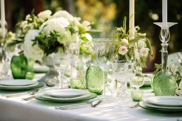 Fototapeta na wymiar Wedding table setting in white and green tones