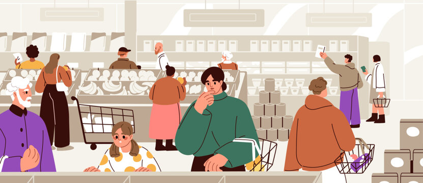 Consumers in supermarket. Characters in grocery store. People shopping, going with cart and basket. Buyers choosing and buying food products, making purchases in hypermarket. Flat vector illustration