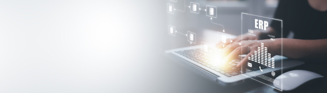 Business people working laptops with document management for ERP. Enterprise resource planning concept, Enterprise Resource Management ERP software system for business resources plan presented.