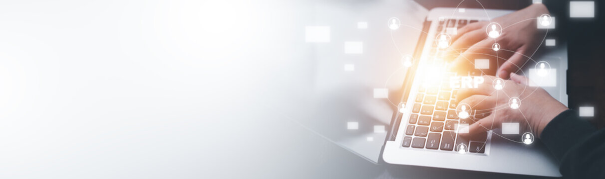 Business people working laptops with document management for ERP. Enterprise resource planning concept, Enterprise Resource Management ERP software system for business resources plan presented.