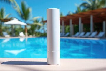 A mock-up of a tube of sunscreen stands near the pool with sun loungers