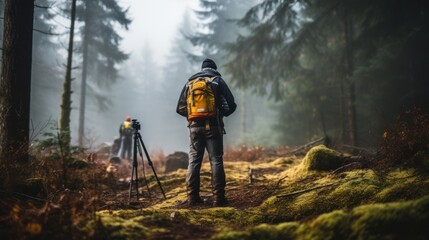 Photographer in Misty Forest with Camera Tripod