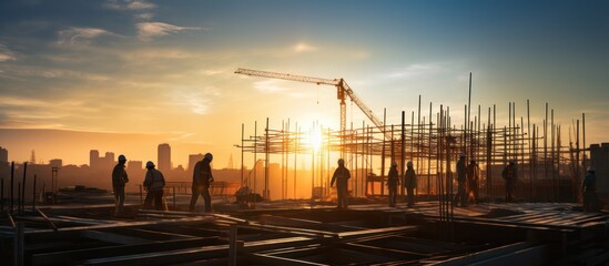 Construction Workers at Sunset on Building Site