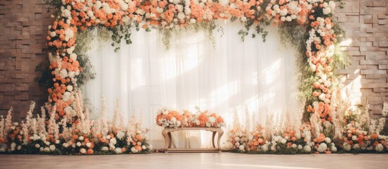 At the elegant wedding event, the interior design was adorned with beautiful white and pink roses,...