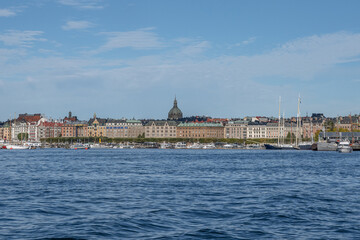 Fototapeta premium Scenic summer panorama of the Old Town Gamla Stan pier architecture in Stockholm, Sweden
