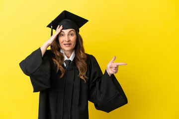 Middle aged university graduate isolated on yellow background surprised and pointing finger to the side