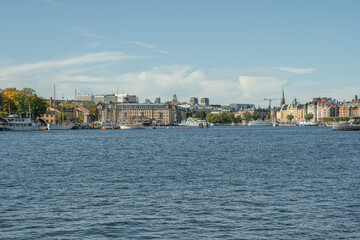 Fototapeta na wymiar Scenic summer panorama of the Old Town Gamla Stan pier architecture in Stockholm, Sweden