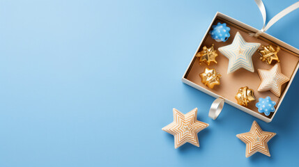 Fototapeta na wymiar Hanukkiah gingerbread gift boxes and donut on blue background