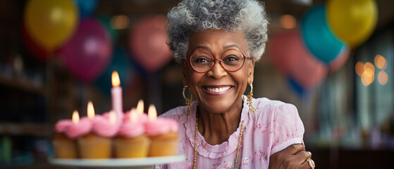 smiling african american woman with birthday cake and colorful balloons
