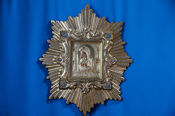 Virgin and child silver medallion in Hirjauca orthodox monastery church, Moldova