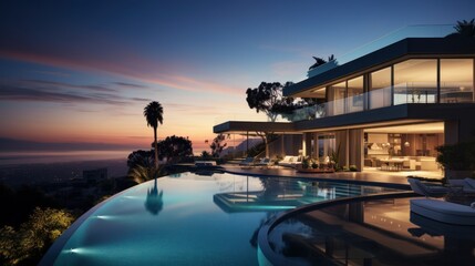 Luxurious House with Infinity Pool at Sunset - obrazy, fototapety, plakaty