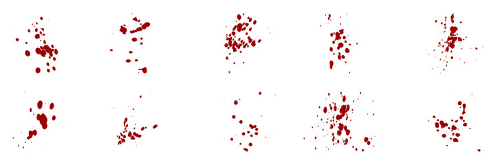 Blood Stain Set. Paint Brush Splatter Collection. Red Splat, Grunge Texture. Abstract Design on White Background. Drop Spatter, Ink Spray. Horror Bloodstain Splash. Isolated Vector Illustration