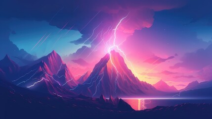 Starry night sky with a small town and mountains Thunder Spark illustration